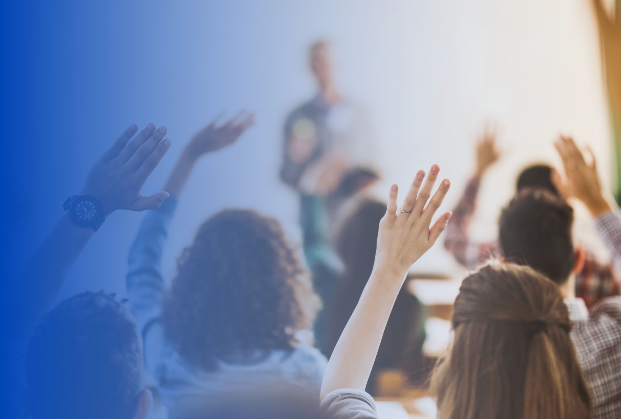 hands raised behind blue background
