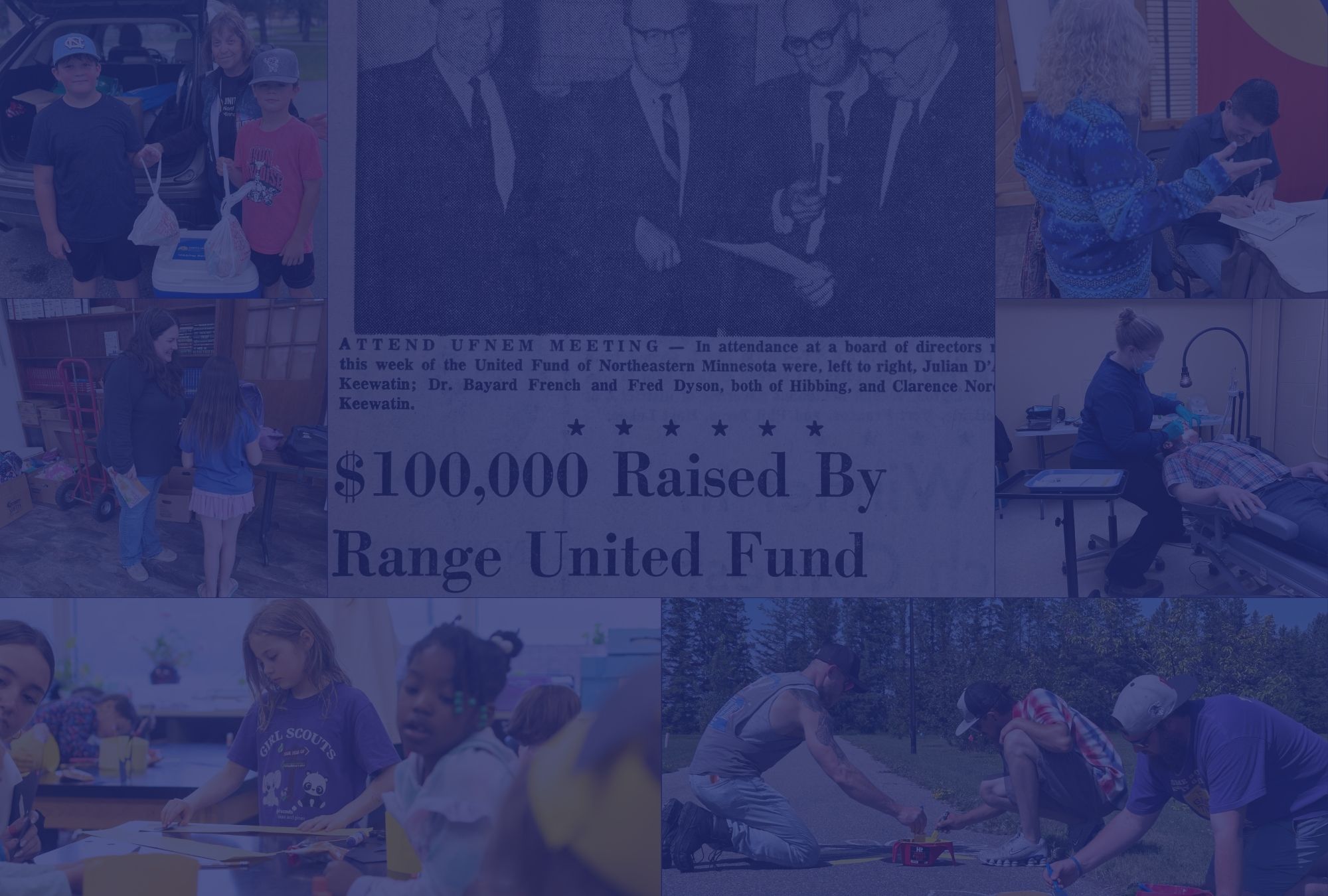 Newspaper clipping from first-ever fund drive and photos of 2025-2026 UWNEMN programming at work