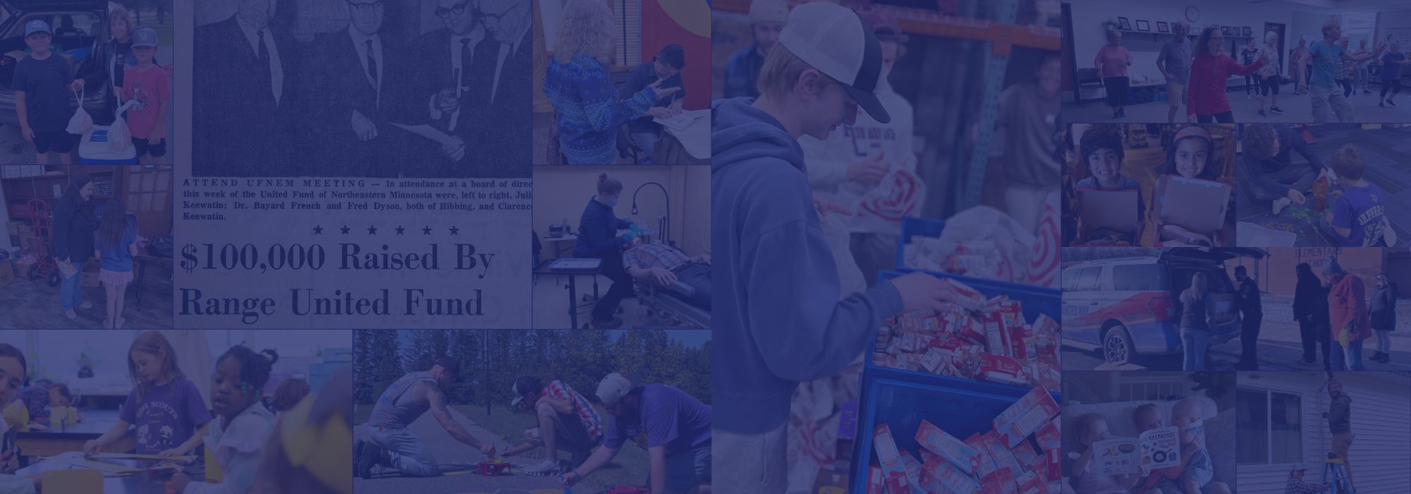 Newspaper clipping from first-ever fund drive and photos of 2025-2026 UWNEMN programming at work