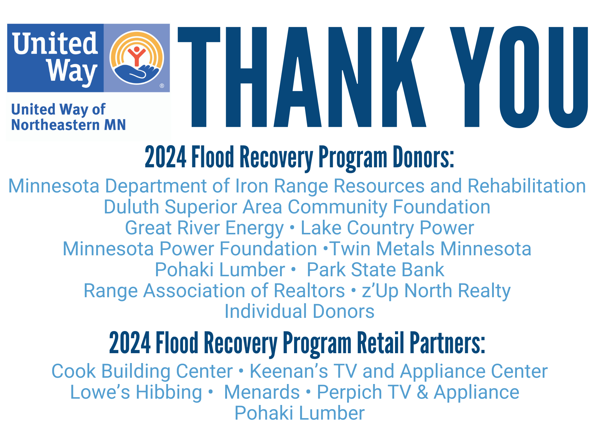 2024 UWNEMN Flood Recovery Supporters: Minnesota Department of Iron Range Resources and Rehabilitation,  Duluth Superior Area Community Foundation, Great River Energy, Lake Country Power, Minnesota Power, Twin Metals,  Pohaki Lumber,  Park State Bank, Range Association of Realtors, z’Up North Realty, Individual Donors •  Cook Building Center  Keenan’s TV and Appliance Center • Lowe’s Hibbing  Menards • Perpich TV & Appliance • Pohaki Lumber