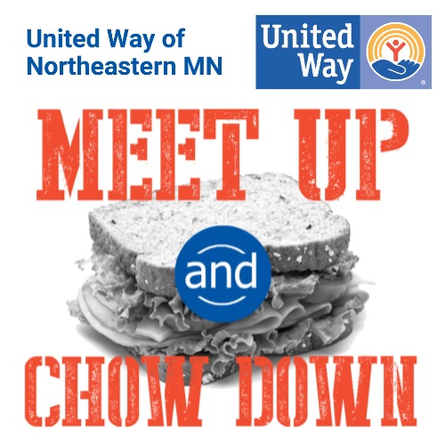 United Way of Northeastern Minnesota logo and Meet Up and Chow Down logo (black and white sandwich with red letters Meet Up and Chow Down)