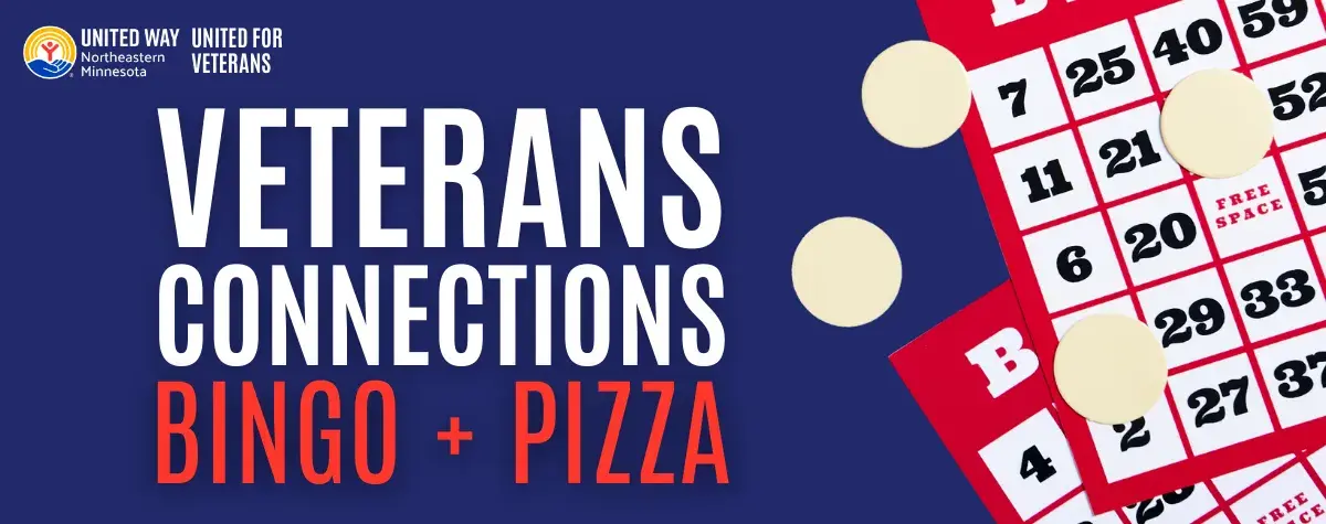 Bingo cards in background. Text on front: Veterans Connections Bingo + Pizza