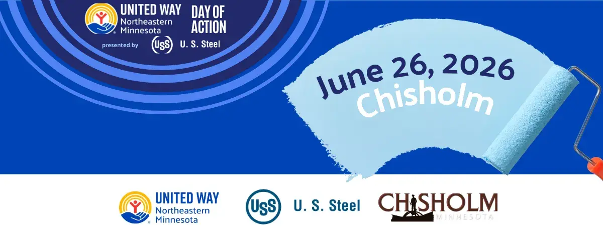 Blue Background. In dark blue circle text reads: UWNEMN Day of Action presented by U.S. Steel. In foreground, paint roller swipes with text: June 26, 2026, Chisholm