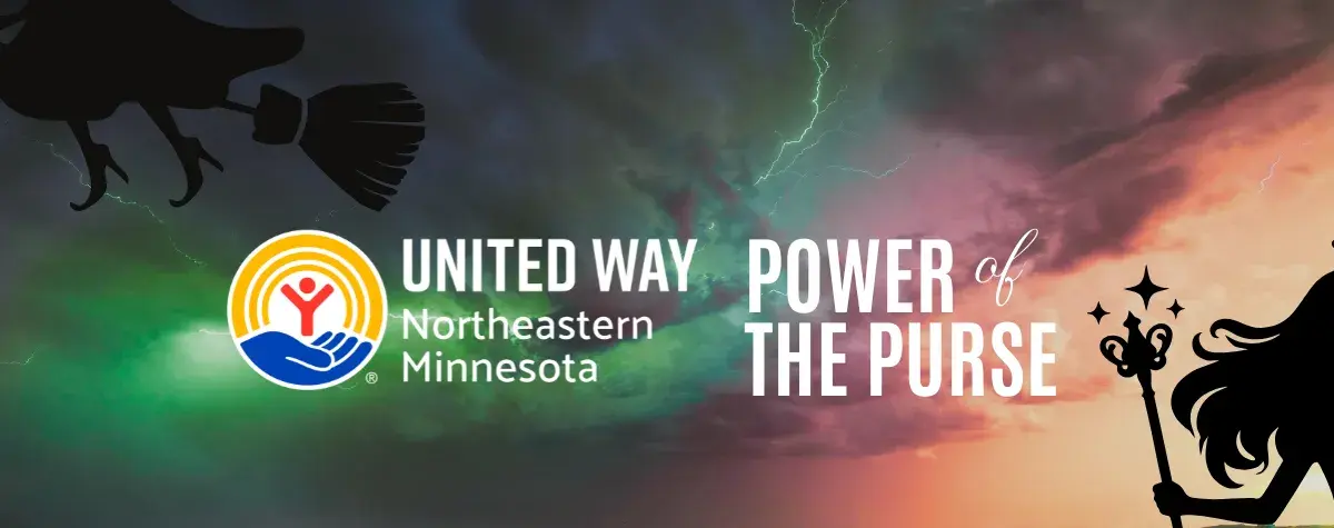 Green and pink lit sky with silhouettes of the wicked witch and Glinda. In foreground, UWNEMN Power of the Purse.