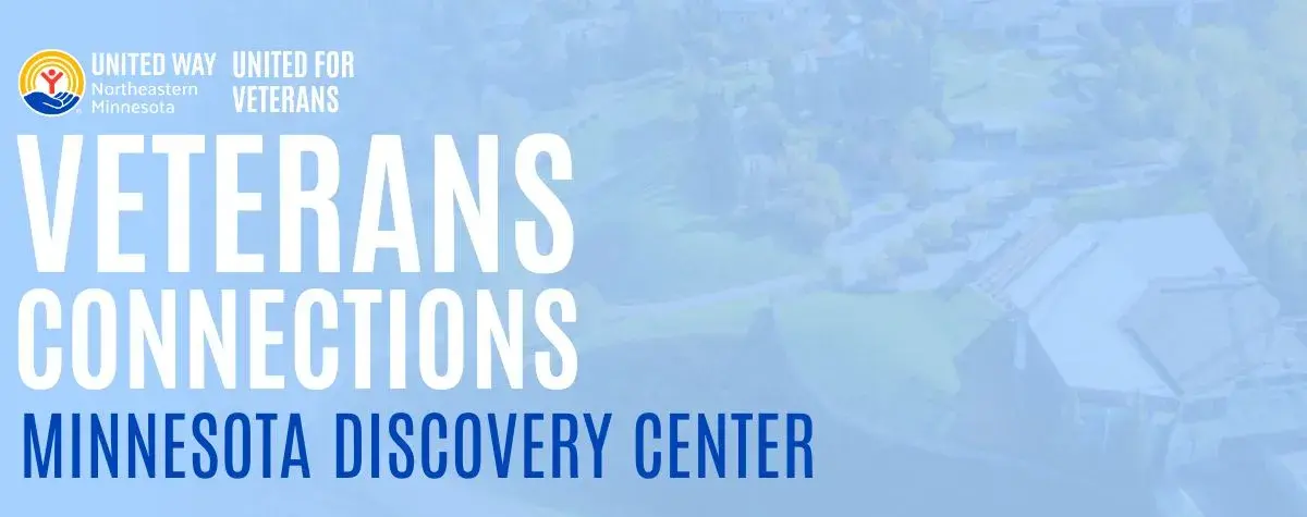 Aerial photo of Minnesota Discovery Center grounds in background. In foreground: Veterans Connections Minnesota Discovery Center