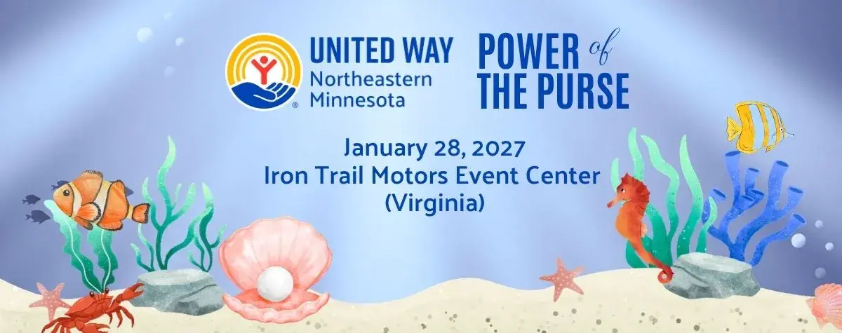 Under the sea imagery (fish, mermaid, sand) filter through watery light. In foreground, UWNEMN logo and the words Power of the Purse.