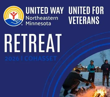 Blue background with white type: United for Veterans Retreat. In blue: 2026 | Cohasset. Bottom right, a photo of people building a fire at Sugar Lake Lodge. 