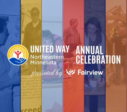Colored images depict different decades: 60s woman looking at map of region, 70s miner, 80s lifesaver winner, 90s campaign meeting, 2000s Buddy Backpacks packing, current day Day of Action. In foreground, UWNEMN Annual Celebration, presented by Fairview
