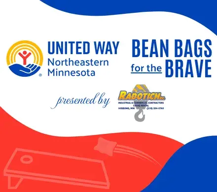 Red and blue shapes with bean bag board imagery. In center, on white, UWNEMN Bean Bags for the Brave, presented by Radotich