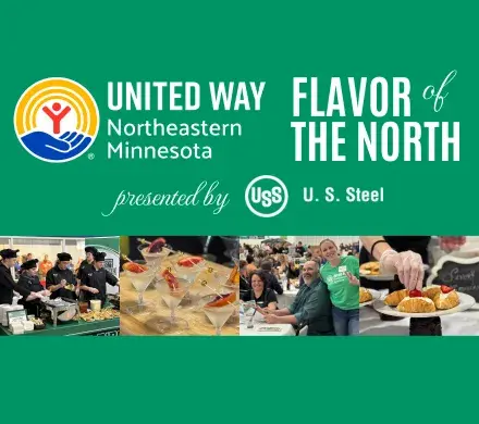 Green background with photos of food being prepared. At top: UWNEMN Flavor of the North presented by U. S. Steel