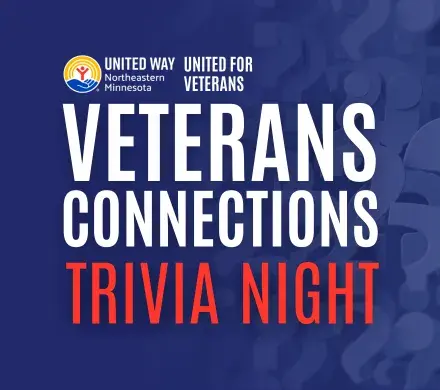Blue question marks in background. In foreground: Veterans Connections Trivia Night