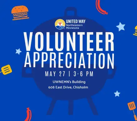 Blue background with red, orange, and yellow barbecue images in background. In gray: UWNEMN Volunteer Appreciation May 23th 3-6 p.m. at UWNEMN's Chisholm Building