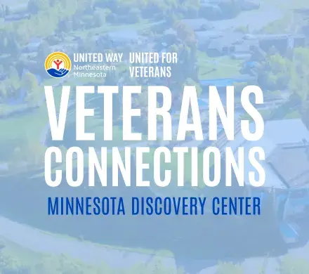 Aerial photo of Minnesota Discovery Center grounds in background. In foreground: Veterans Connections Minnesota Discovery Center