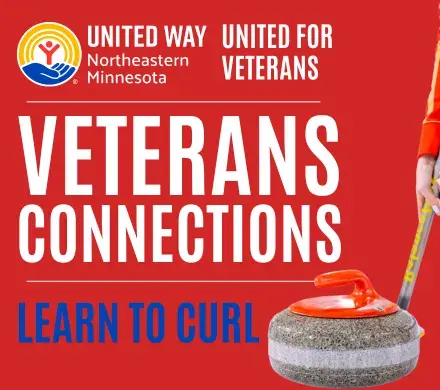 Red square. In foreground, a hand holds a curling broom in front of a red curling rock. Text reads "Veterans Connections: Learn to Curl."