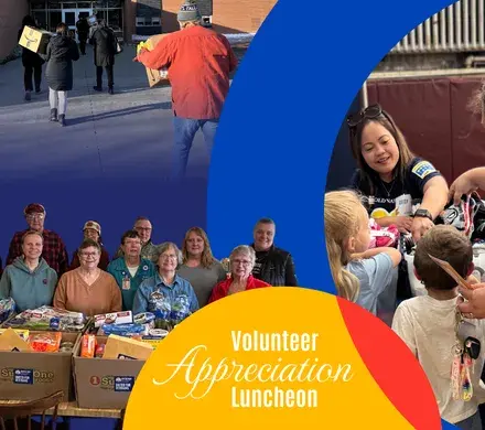Images of Koochiching County volunteers delivering Winter Warm Up boxes (top left), packing United for Veterans holiday meal baskets (bottom left), and handing children socks at Step Into School (right). In middle, yellow circle: Volunteer Appreciation Luncheon