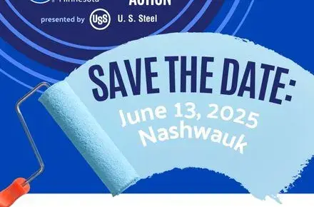 Top left inside dark blue circle is United Way of NE MN and US Steel logo with the words Day of Action. A paint roller rolls blue paint - in the paint reads: June 13, 2025 Nashwauk. At bottom, United Way of NE MN logo, CEDA logo, and Itasca County Habitat for Humanity logo