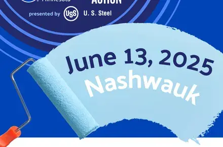 Top left inside dark blue circle is United Way of NE MN and US Steel logo with the words Day of Action. A paint roller rolls blue paint - in the paint reads: June 13, 2025 Nashwauk. At bottom, United Way of NE MN logo, CEDA logo, Itasca County Habitat for Humanity logo, and City of Nashwauk logo