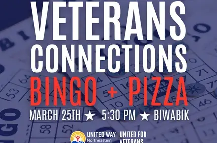 Bingo cards in background. Text on front: Veterans Connections Bingo + Pizza