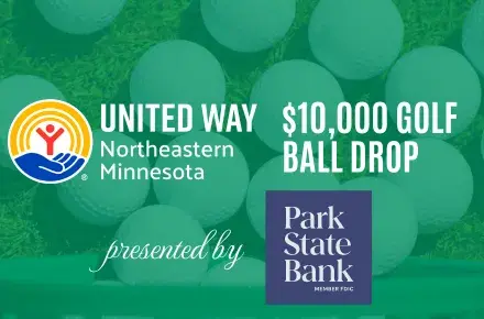 Golf balls on green background. In foreground: UWNEMN $10,000 Golf Ball Drop presented by Park State Bank