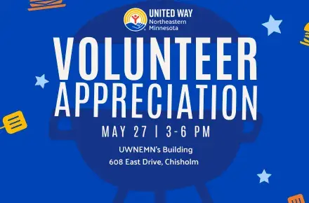 Blue background with red, orange, and yellow barbecue images in background. In gray: UWNEMN Volunteer Appreciation May 23th 3-6 p.m. at UWNEMN's Chisholm Building