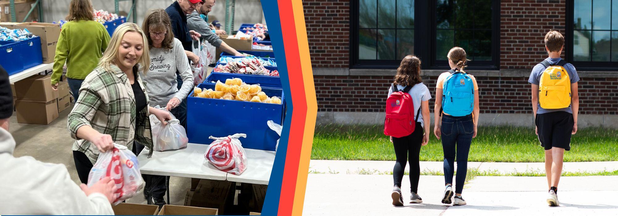 On left, people pack food into bags. A navy, red, and yellow stripe points to the right - a photo of three students walking to school wearing backpacks with Buddy Backpacks logo.