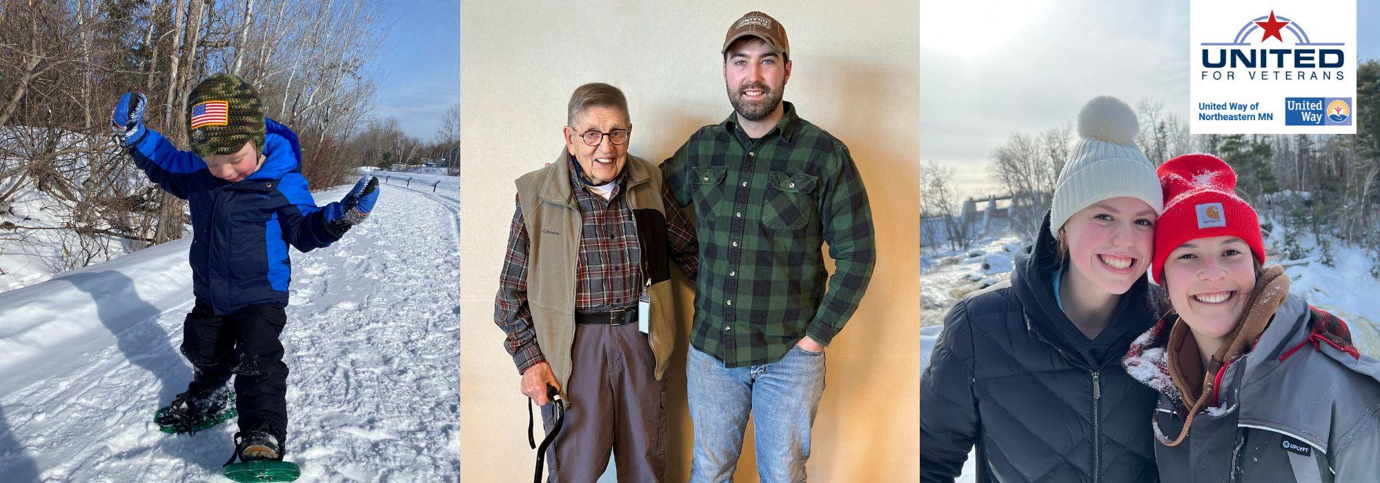 Photos from the last United for Veterans retreat: a young boy snow shoes, the eldest and youngest veterans in attendance smile together, two girls hike in the snow