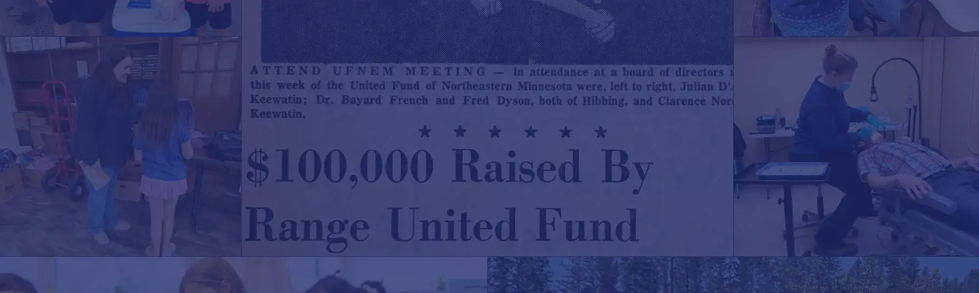 Newspaper clipping from first-ever fund drive and photos of 2025-2026 UWNEMN programming at work