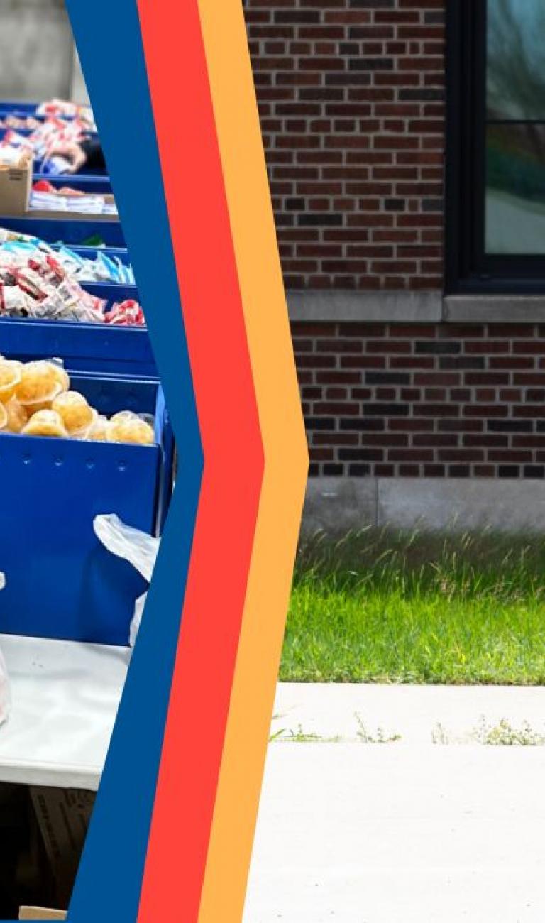 On left, people pack food into bags. A navy, red, and yellow stripe points to the right - a photo of three students walking to school wearing backpacks with Buddy Backpacks logo.