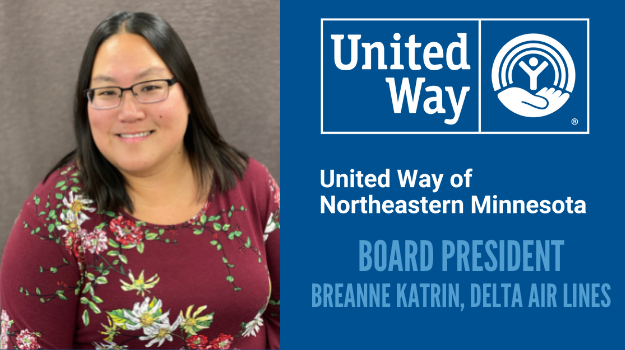 Photo of UWNEMN President Breanne Katrin in a maroon floral dress and glasses; a blue background reads "United Way of Northeastern Minnesota Board President Breanne Katrin, Delta Air Lines"