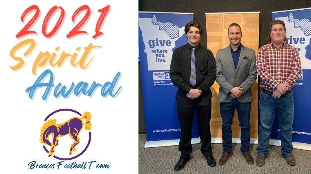 Left: image of UWNEMN spirit award lettering with Broncos Football Team logo; right: image of three men with hands clasped, standing in front of blue Give Where You Live banners