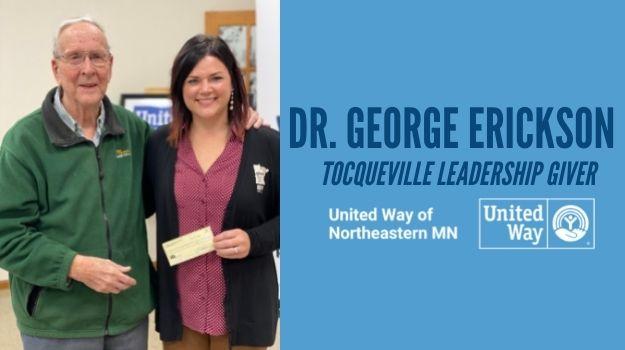 Dr. George Erickson of Eveleth recently donated $50,000 to UWNEMN in his wife's name. He is pictured at left in a green pullover with UWNEMN Erin Shay on his right in a black cardigan holding the yellow check Dr. Erickson has just presented.