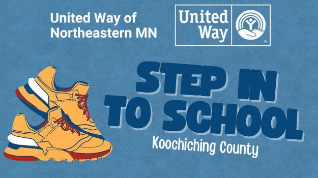 blue background; in foreground, yellow athletic shoes and the words Step Into School Koochiching County