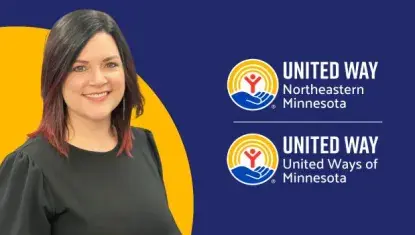 Erin Shay photo on blue background with UWNEMN logo and United Ways of Minnesota Logo