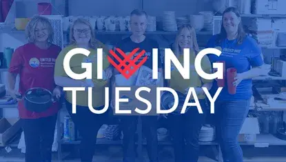 Giving Tuesday Logo - in background, Park State Bank employees hold pots, pans, dishes, and cups in UWNEMN's Comforts of Home space