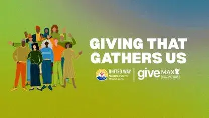 gradient background; in foreground a cartoon of a group of people, in white text: Giving that gathers us; below, UWNEMN and Give to the Max logos