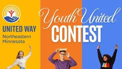 Yellow, orange, and blue color blocks in background. In foreground: United Way of Northeastern Minnesota Youth United Contest. Photos of students celebrating.