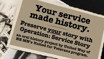 Stack of old photos; on top, a postcard with the message "Your service made history. Preserve YOUR story with Operation: Service Story, an oral history project by UWNEMN's United for Veterans program"