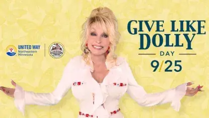 Dolly Parton, arms outstretched, in front of a background of yellow butterflies. In foreground, United Way of NE MN logo and Imagination Library logo with text that reads Give Like Dolly Day 9/25